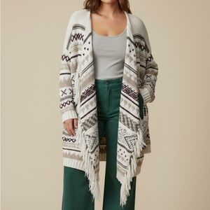Denim 24/7 Geometric Fringe Cardigan in Cream, Brown & Maroon 1X